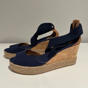 Tory Burch Blue and Tan Canvas Wedge Sandals with Cork Sole